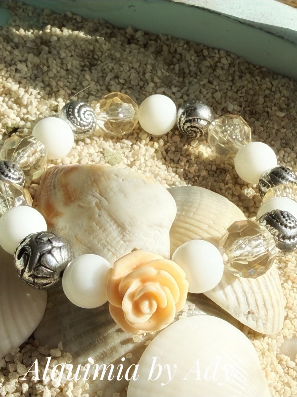 Milky Jade & Quartz Bracelet — 12mm Beads — Carved Rose Focal